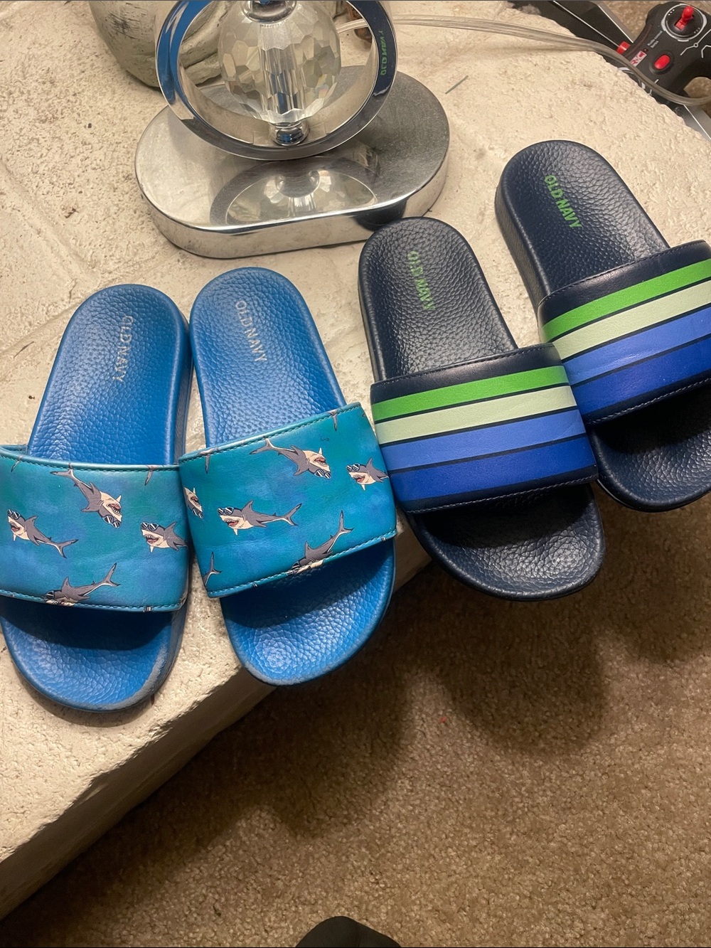 BUNDLE! Old Navy Blue Slide Sandals — Shark Print & Striped Pairs